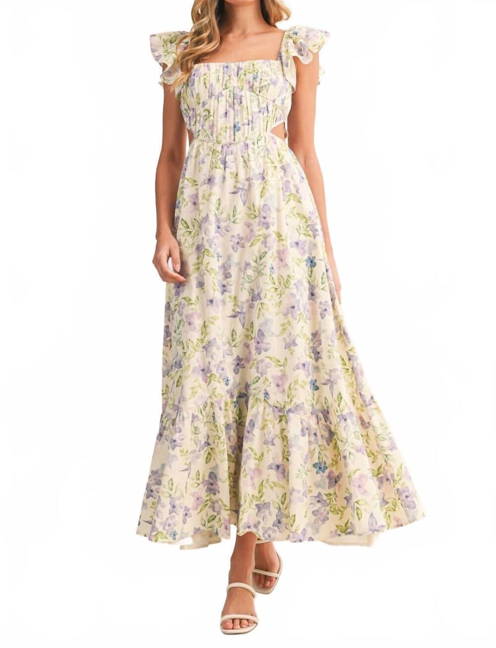NEW KLESIS flower frill maxi dress in purple multi